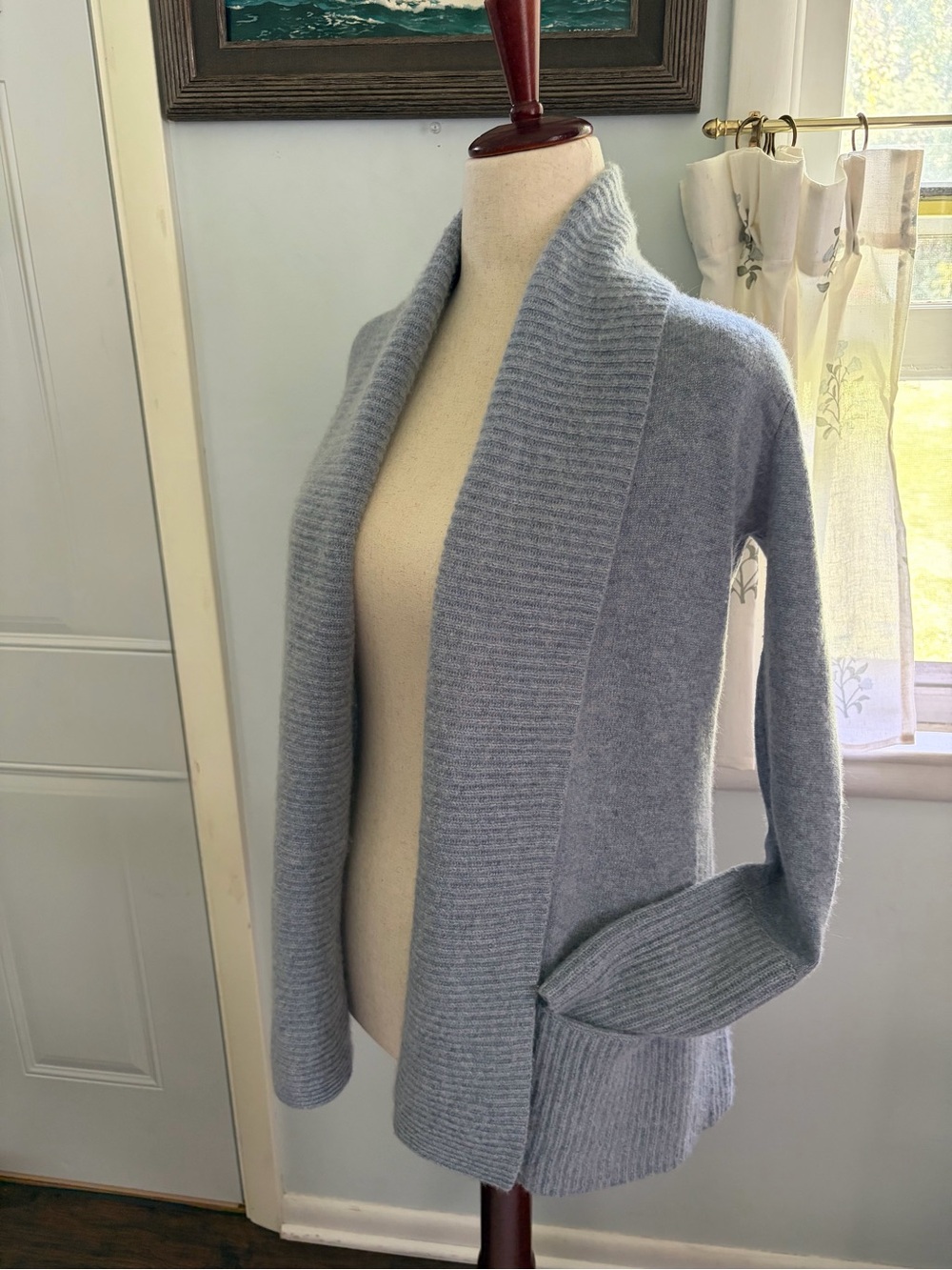 Saks Fifth Avenue Cashmere Coastal Blue Shawl Collar Cardigan Sweater